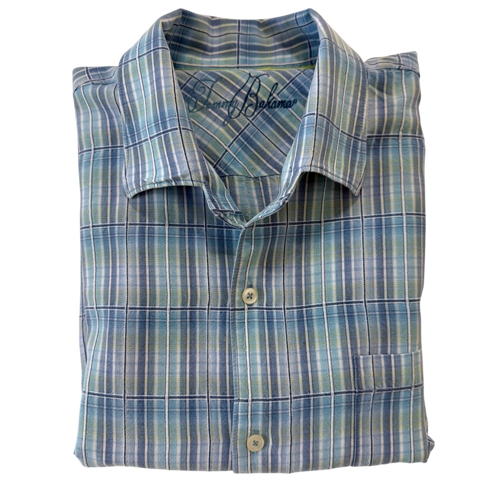 Tommy Bahama Mens XL Blue Green Plaid Short Sleeve Tencel Lyocell Shirt